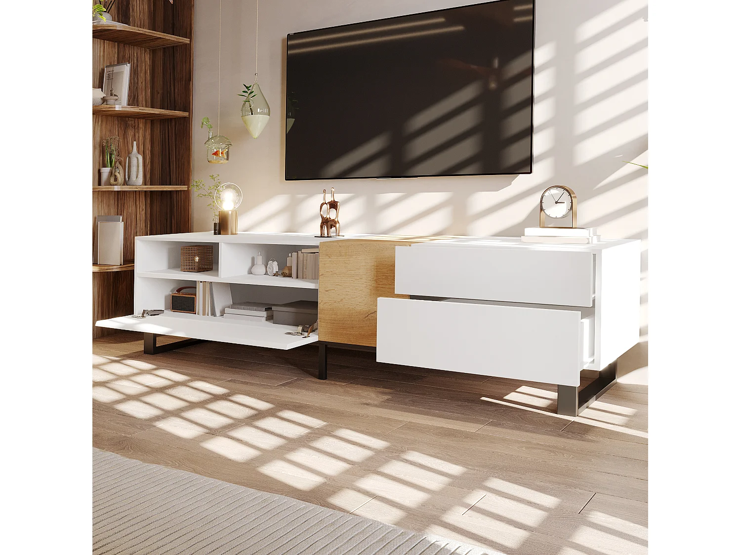 Modern TV stand with 2 drawers, 2 compartments and 1 door - 180 x 38 x 50 cm - MDF - White