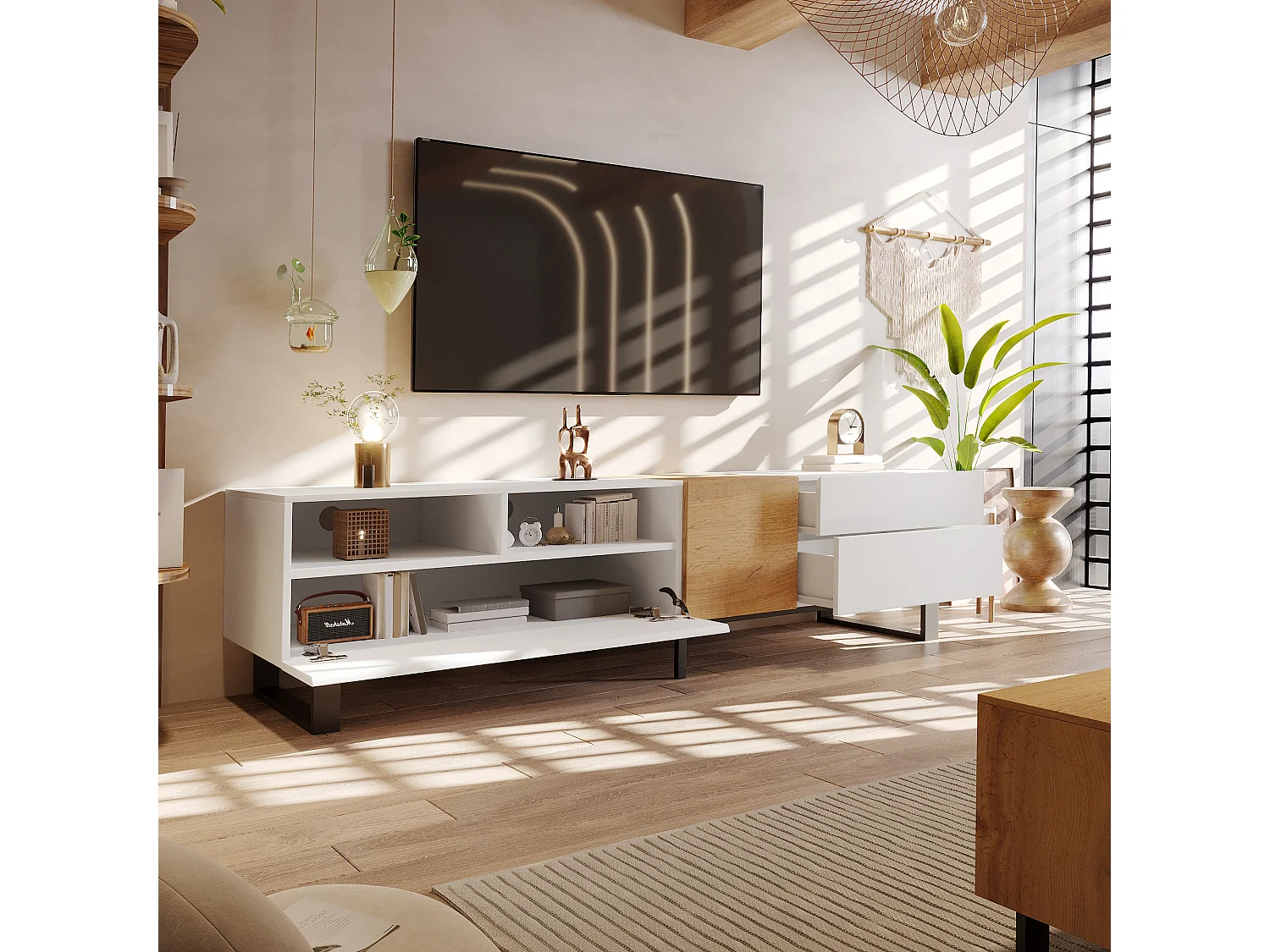 Modern TV stand with 2 drawers, 2 compartments and 1 door - 180 x 38 x 50 cm - MDF - White