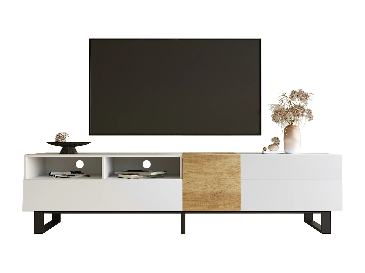 Modern TV stand with 2 drawers, 2 compartments and 1 door - 180 x 38 x 50 cm - MDF - White
