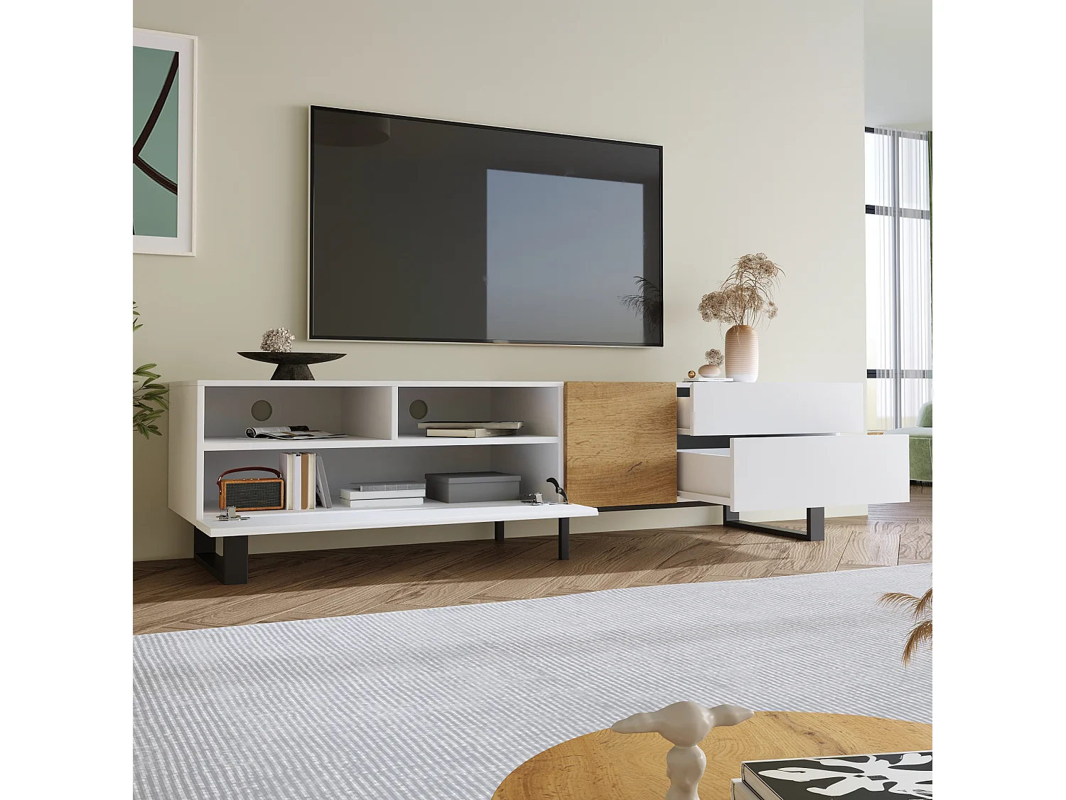 Modern TV stand with 2 drawers, 2 compartments and 1 door - 180 x 38 x 50 cm - MDF - White