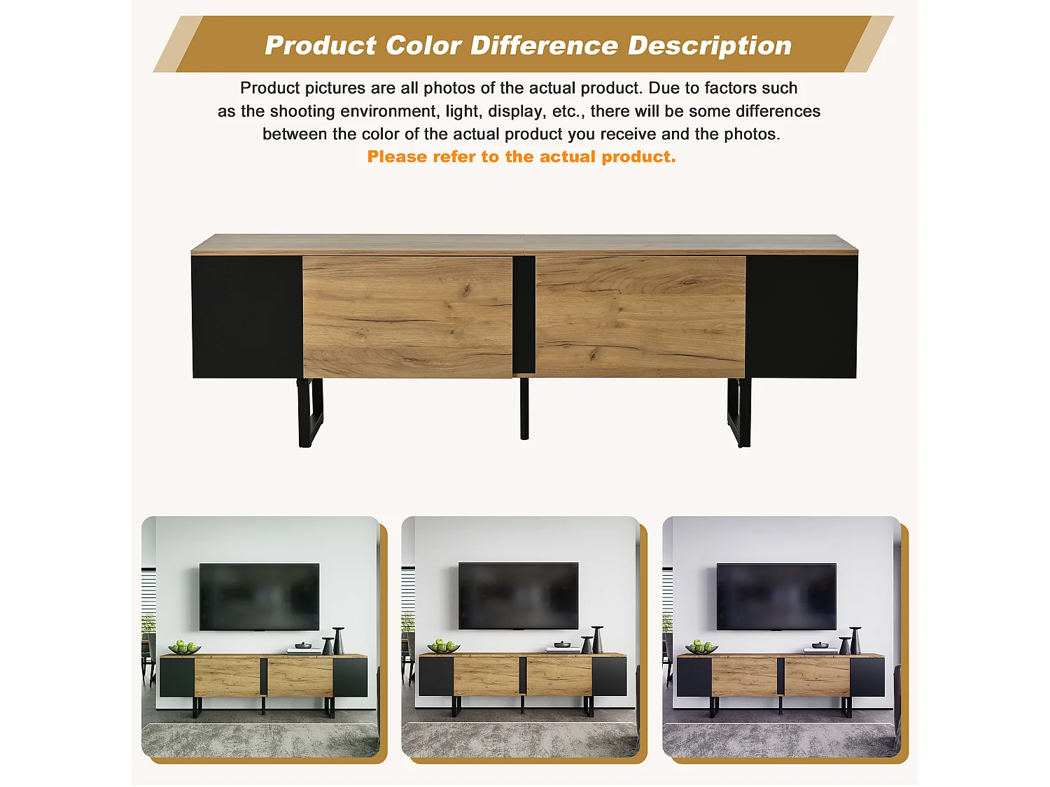 Living room TV stand - 180 x 40 x 55 cm - with 2 doors + open storage - for 75-inch TVs - particleboard - natural