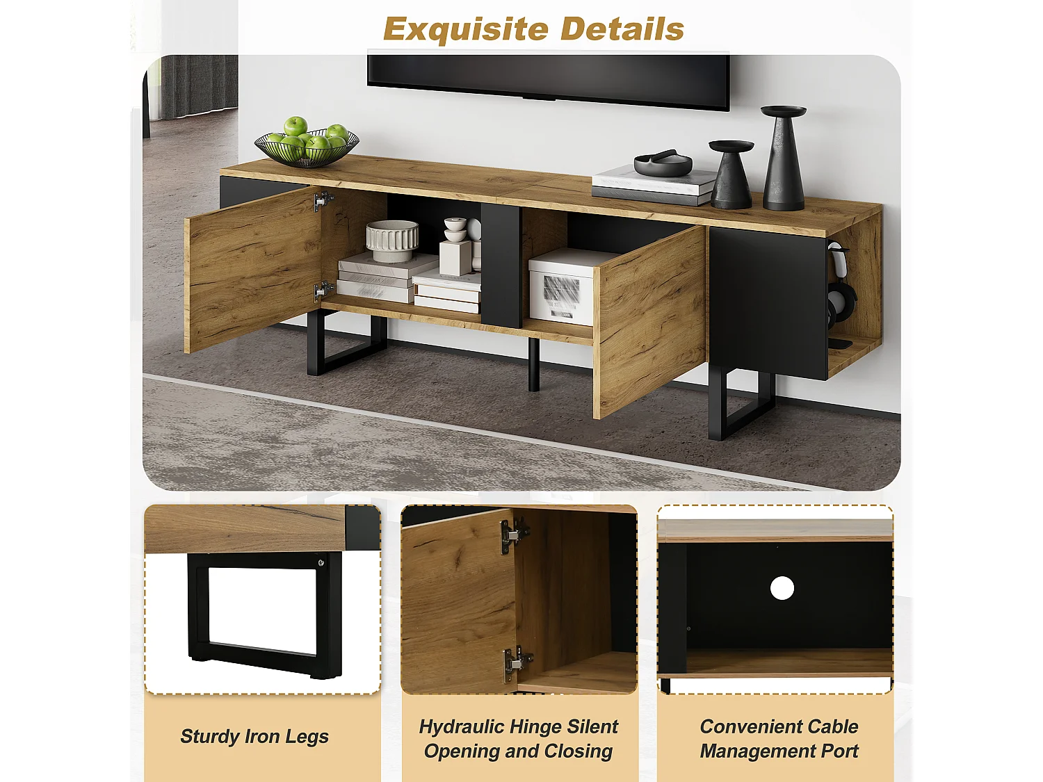 Living room TV stand - 180 x 40 x 55 cm - with 2 doors + open storage - for 75-inch TVs - particleboard - natural