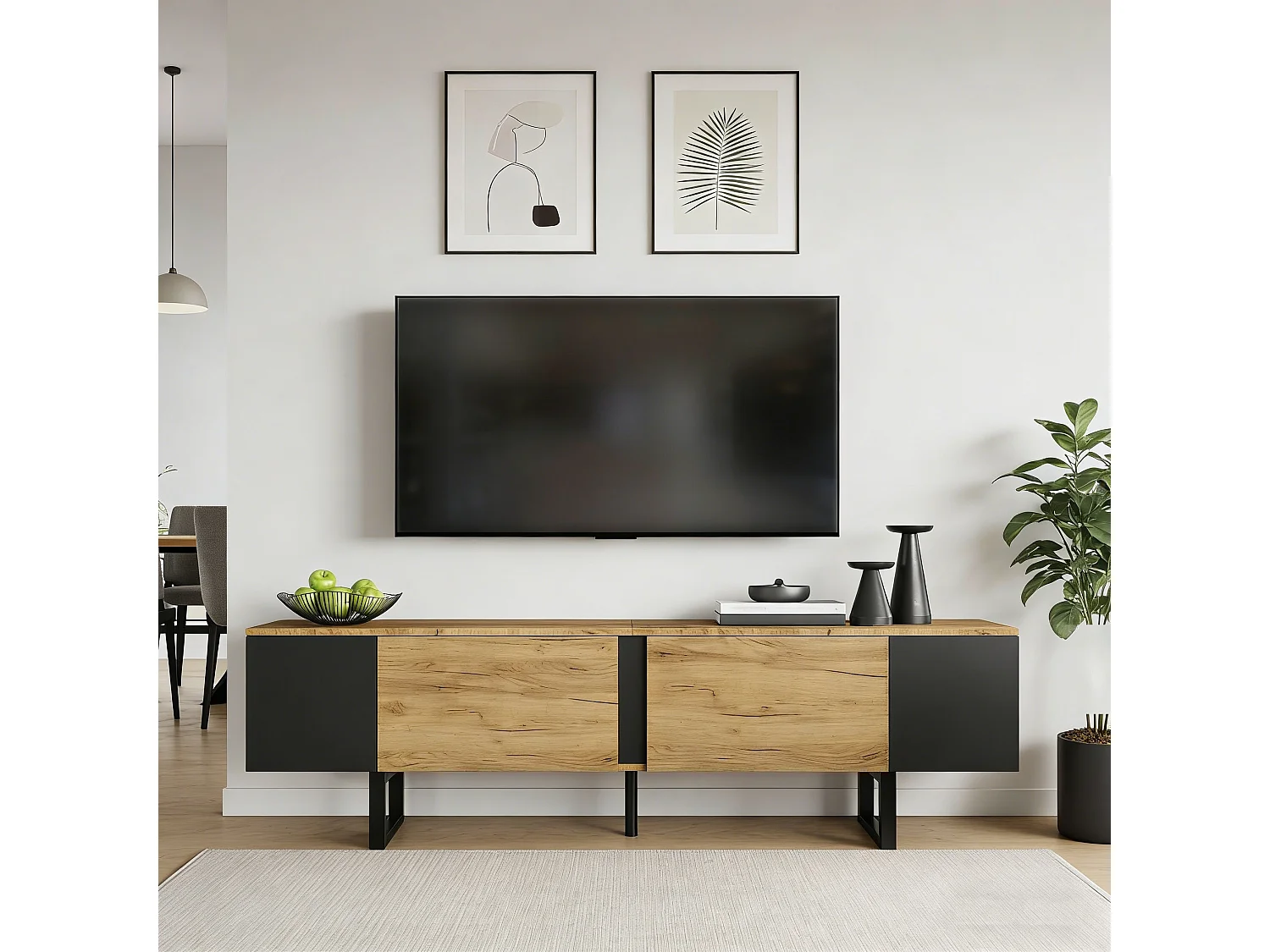 Living room TV stand - 180 x 40 x 55 cm - with 2 doors + open storage - for 75-inch TVs - particleboard - natural