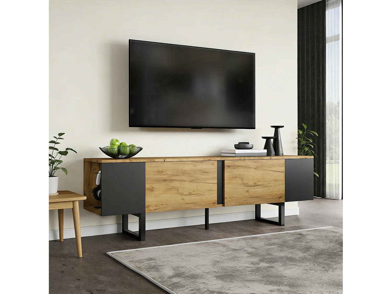 Living room TV stand - 180 x 40 x 55 cm - with 2 doors + open storage - for 75-inch TVs - particleboard - natural
