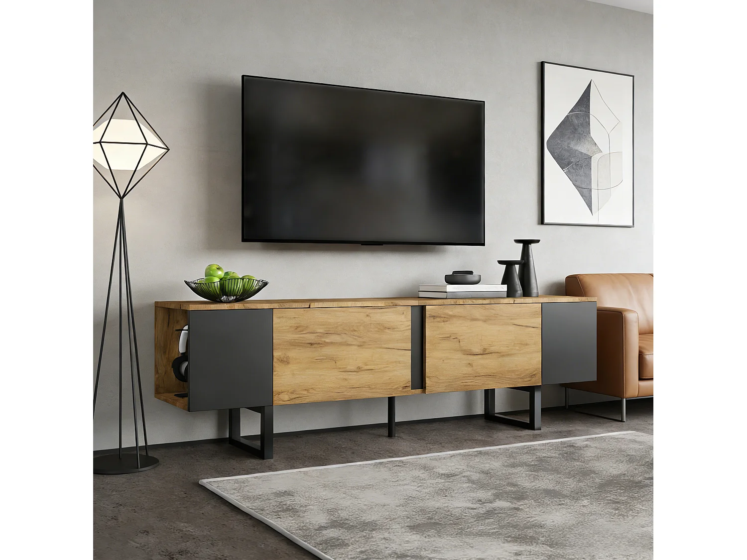 Living room TV stand - 180 x 40 x 55 cm - with 2 doors + open storage - for 75-inch TVs - particleboard - natural
