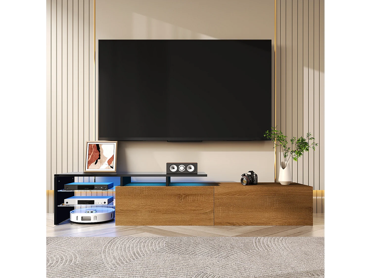 Modern TV stand - 170 x 33 x 33.5 cm - with 2 drawers + glass shelves + LEDs - particleboard - natural