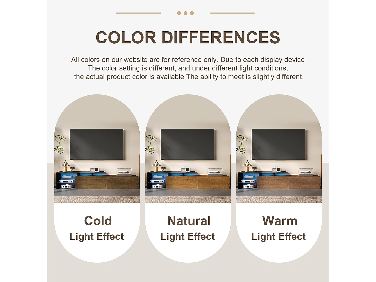 Modern TV stand - 170 x 33 x 33.5 cm - with 2 drawers + glass shelves + LEDs - particleboard - natural
