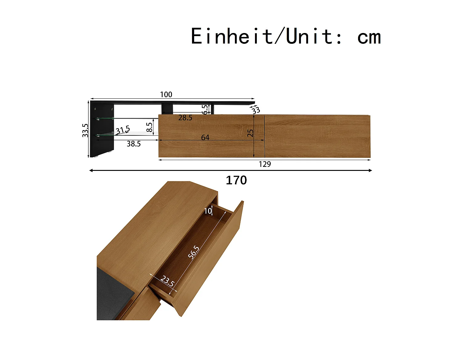 Modern TV stand - 170 x 33 x 33.5 cm - with 2 drawers + glass shelves + LEDs - particleboard - natural
