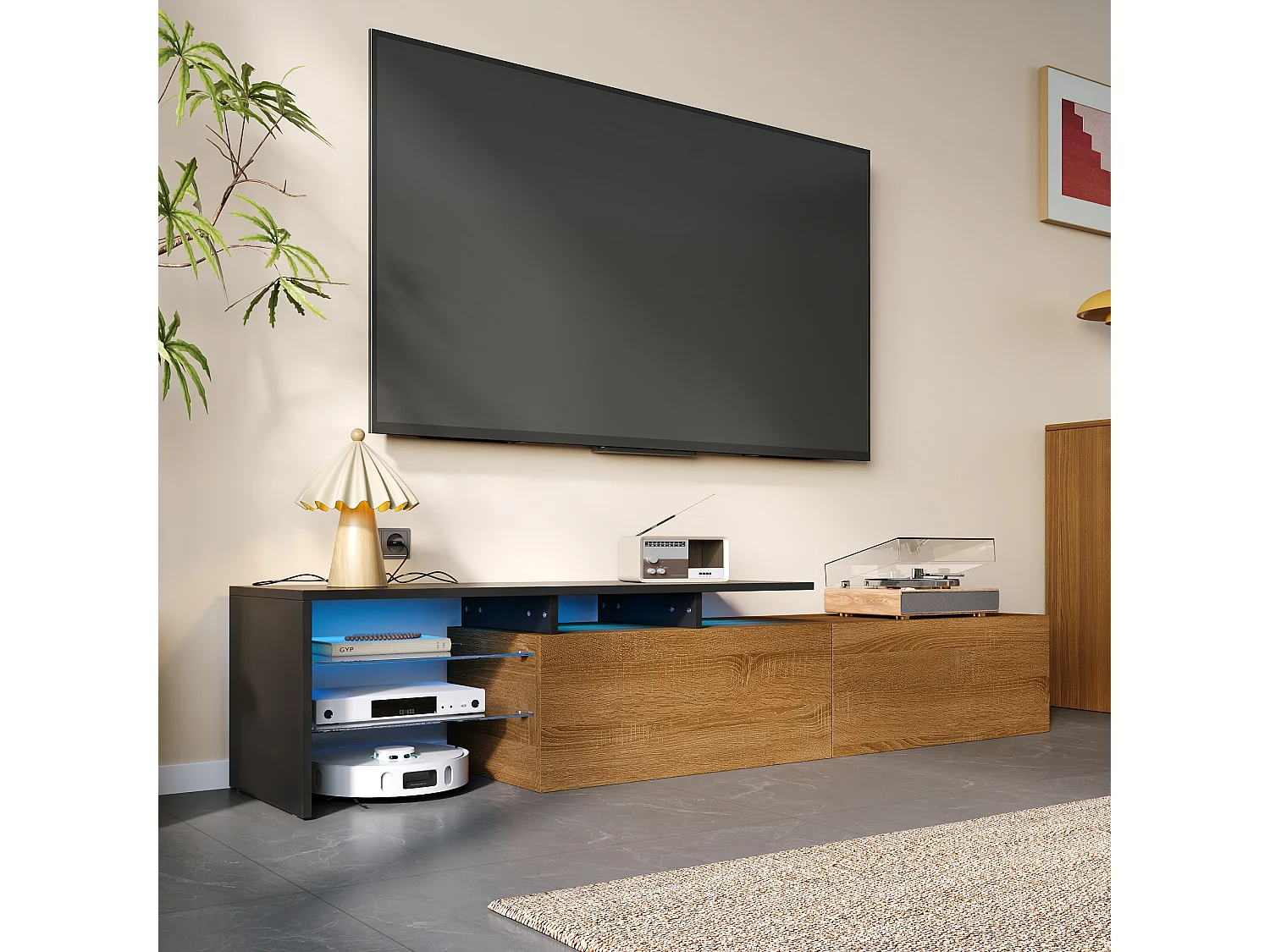 Modern TV stand - 170 x 33 x 33.5 cm - with 2 drawers + glass shelves + LEDs - particleboard - natural