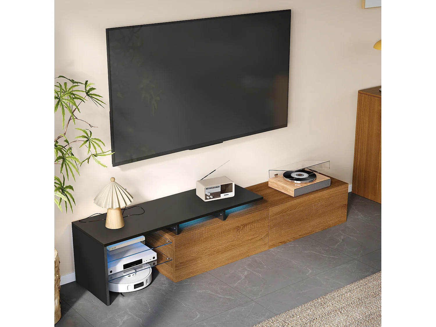Modern TV stand - 170 x 33 x 33.5 cm - with 2 drawers + glass shelves + LEDs - particleboard - natural