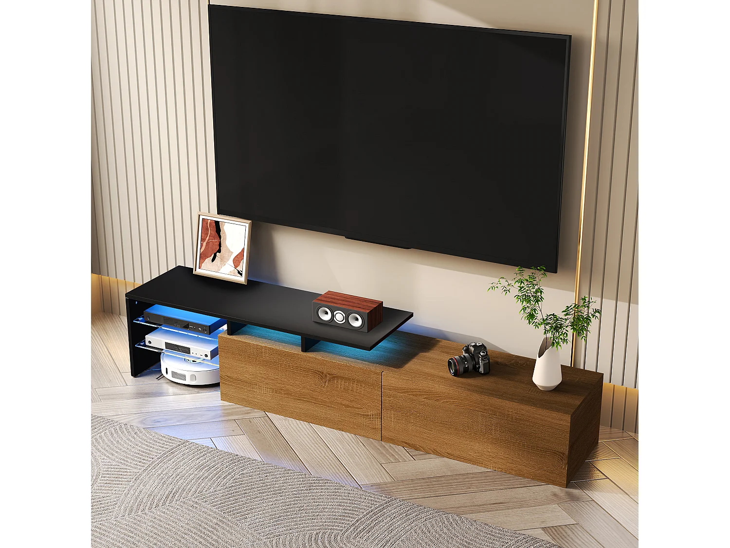 Modern TV stand - 170 x 33 x 33.5 cm - with 2 drawers + glass shelves + LEDs - particleboard - natural