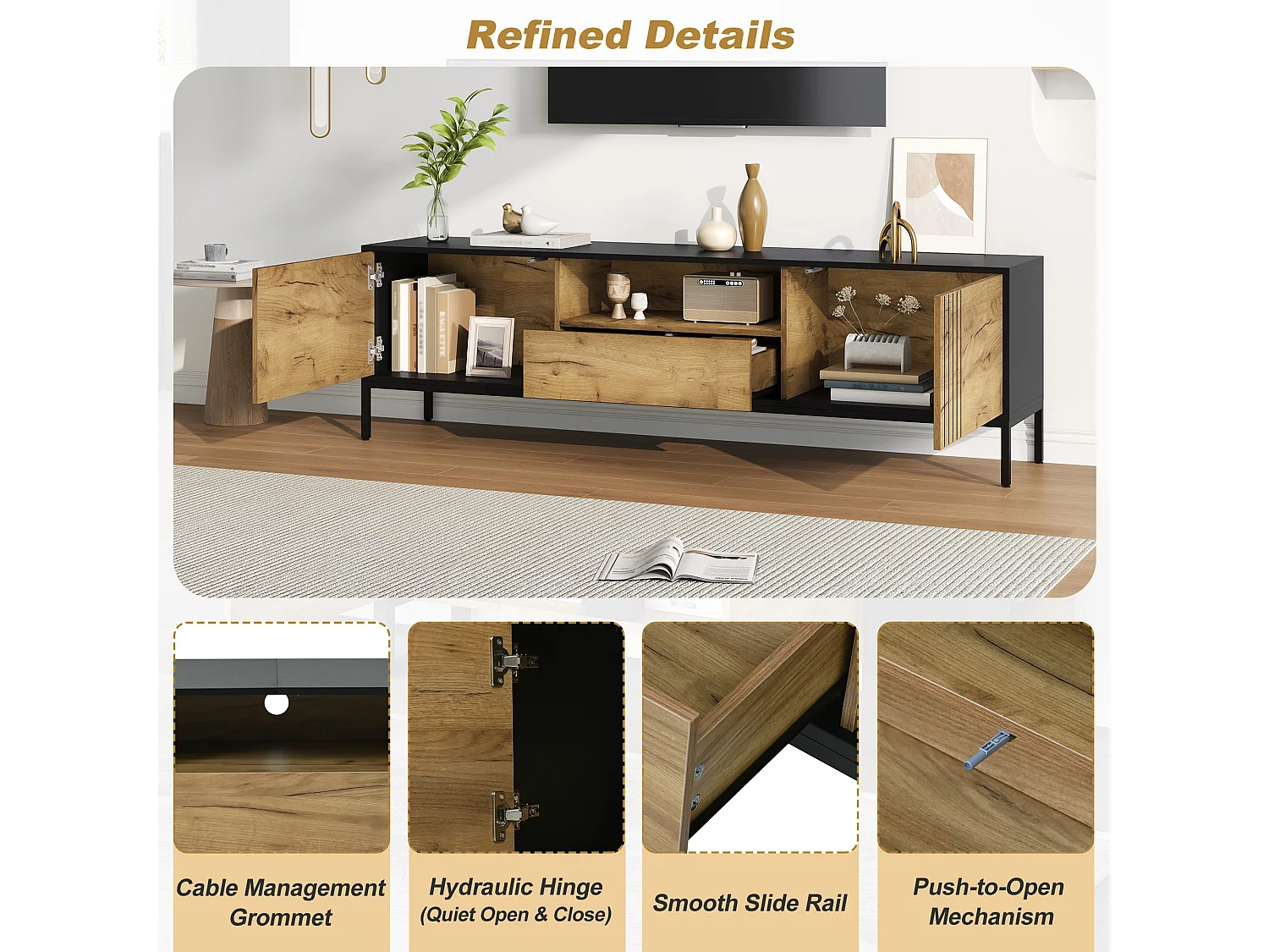 Living room TV stand - 170 x 35 x 50 cm - with 2 doors + 1 drawer - for TVs up to 70 inches - particleboard - natural
