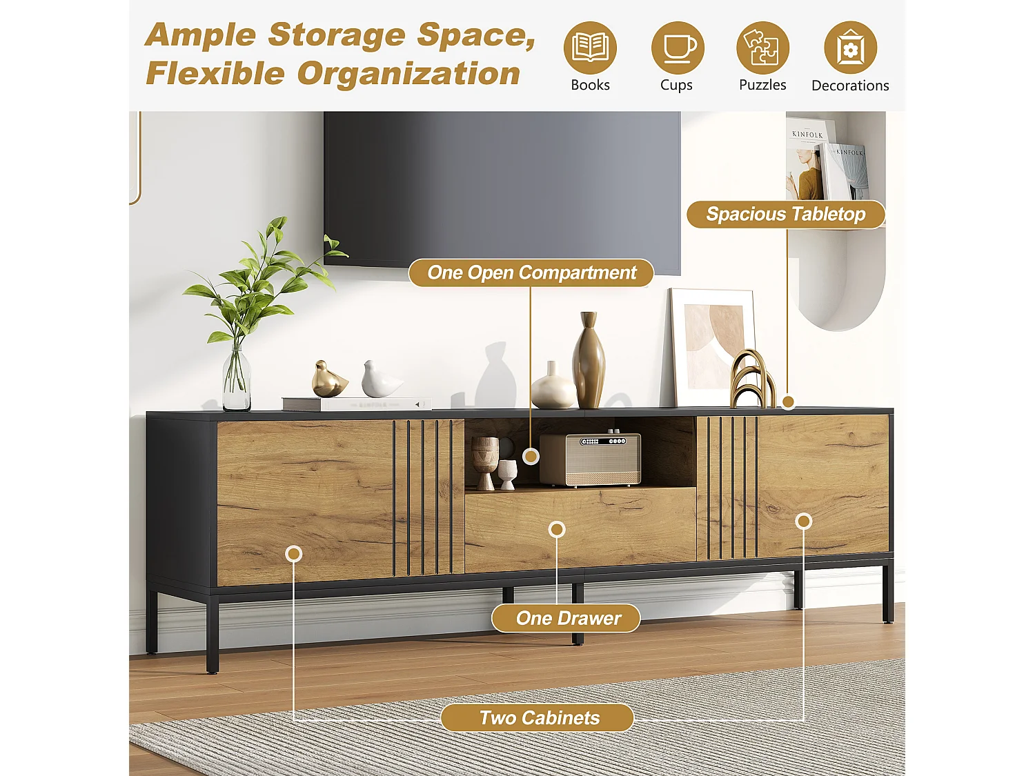 Living room TV stand - 170 x 35 x 50 cm - with 2 doors + 1 drawer - for TVs up to 70 inches - particleboard - natural