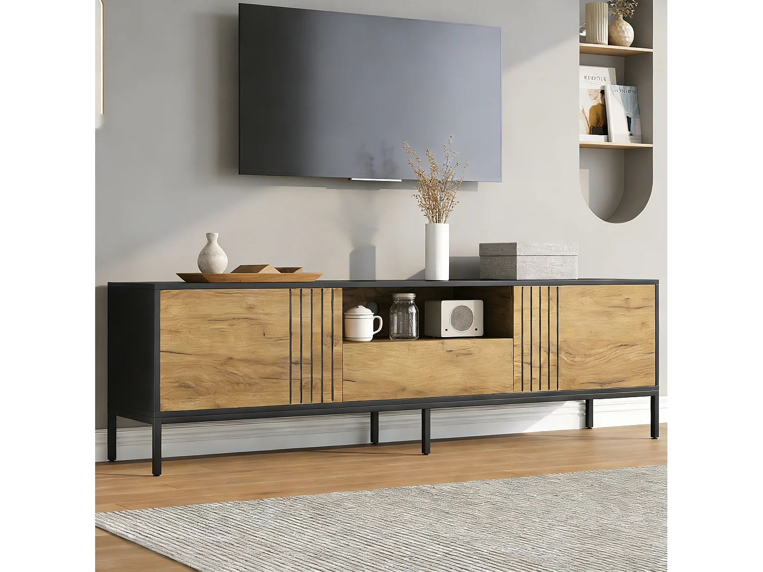 Living room TV stand - 170 x 35 x 50 cm - with 2 doors + 1 drawer - for TVs up to 70 inches - particleboard - natural
