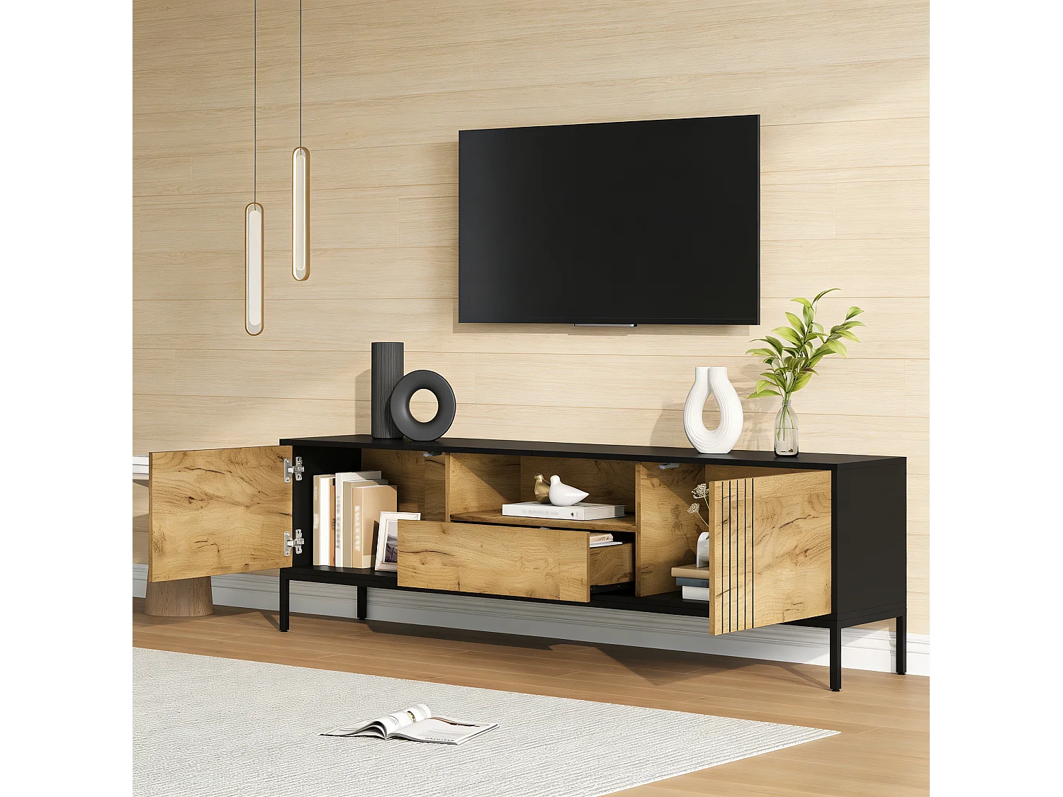 Living room TV stand - 170 x 35 x 50 cm - with 2 doors + 1 drawer - for TVs up to 70 inches - particleboard - natural