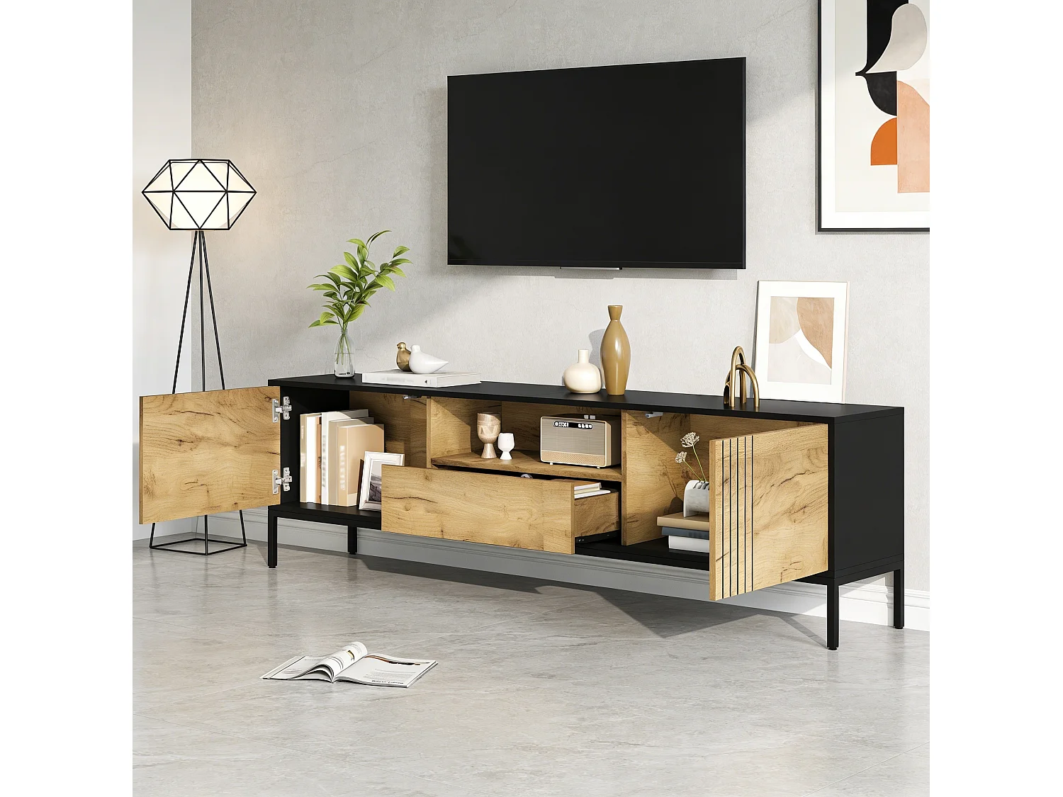 Living room TV stand - 170 x 35 x 50 cm - with 2 doors + 1 drawer - for TVs up to 70 inches - particleboard - natural