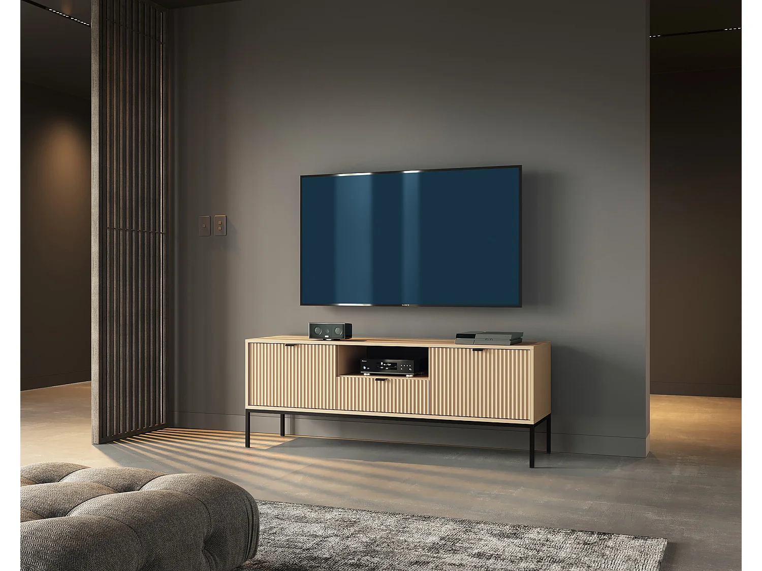 Meuble TV : chêne Vincenza, Noir, 154 x 56 x 39 cm poignées Noires