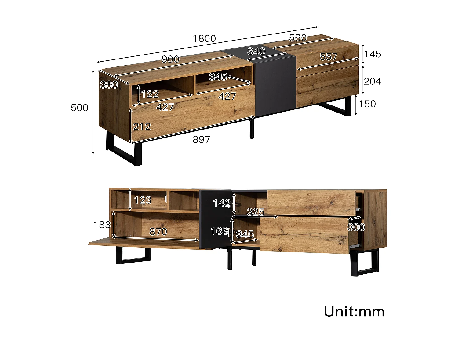 Modern TV stand with 2 doors, 2 drawers & 2 shelves - MDF wood and metal - oak and black finish