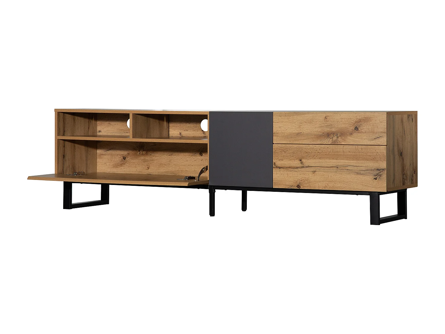 Modern TV stand with 2 doors, 2 drawers & 2 shelves - MDF wood and metal - oak and black finish