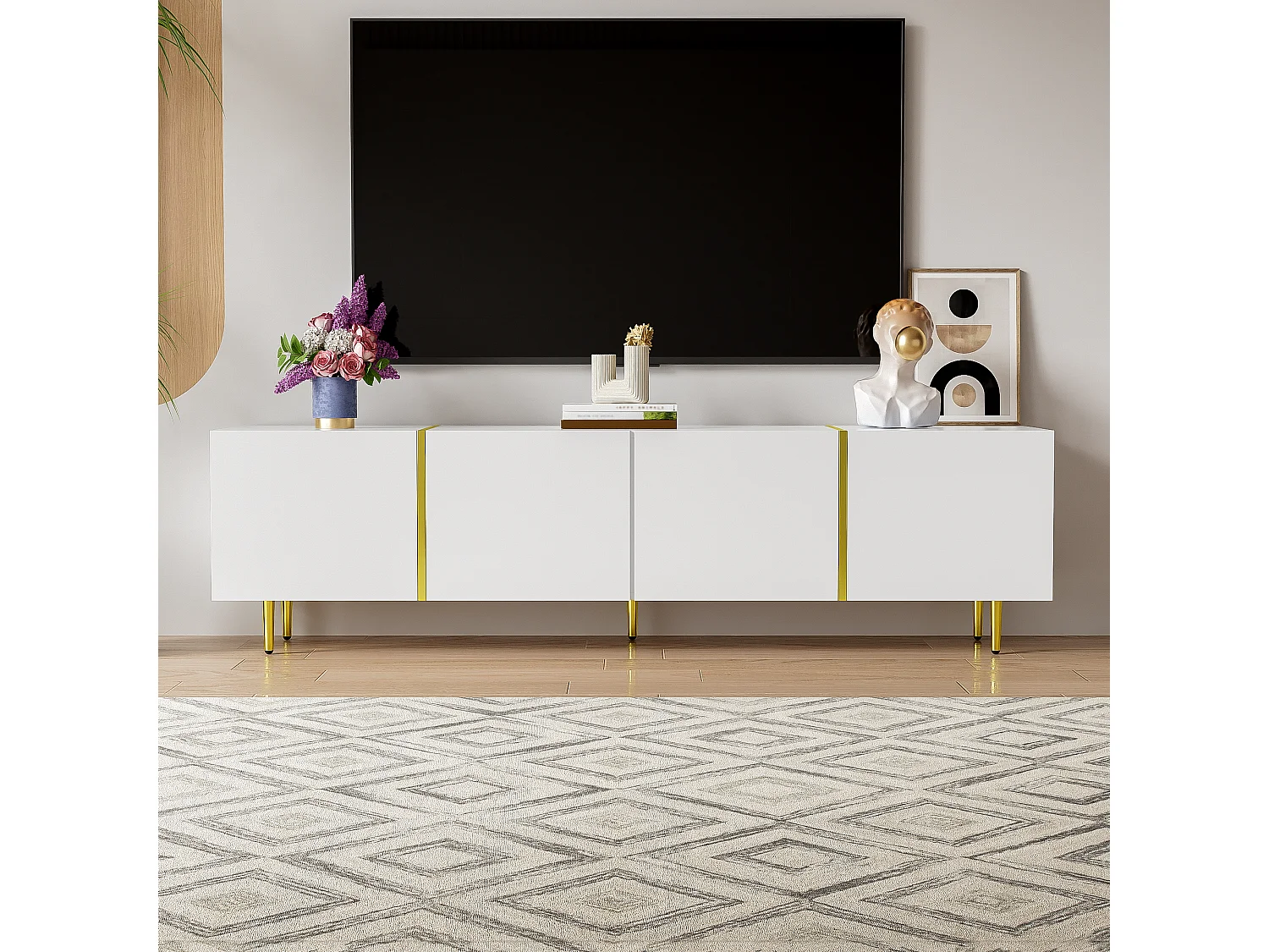 Modern TV stand with 4 doors - 170 x 35 x 46 cm - MDF wood - Glossy white and gold