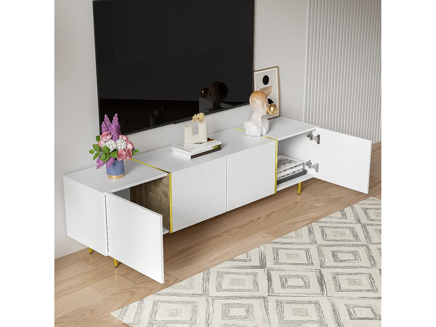 Modern TV stand with 4 doors - 170 x 35 x 46 cm - MDF wood - Glossy white and gold