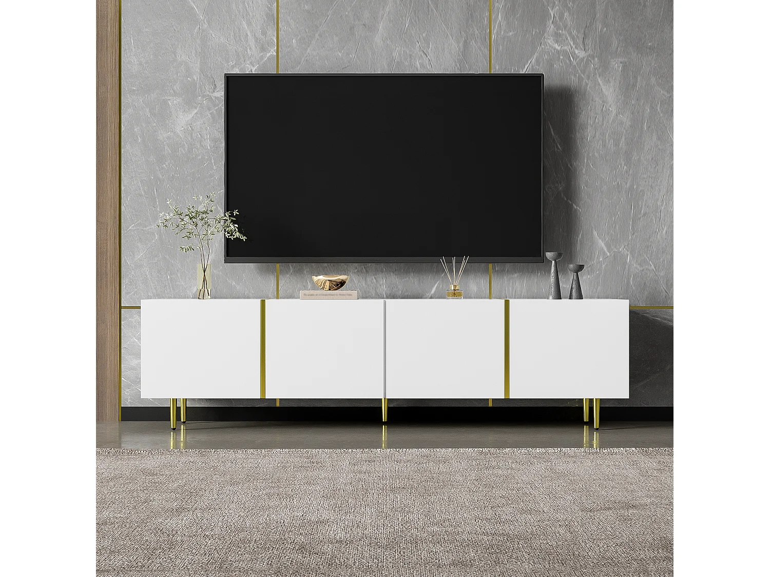 Modern TV stand with 4 doors - 170 x 35 x 46 cm - MDF wood - Glossy white and gold