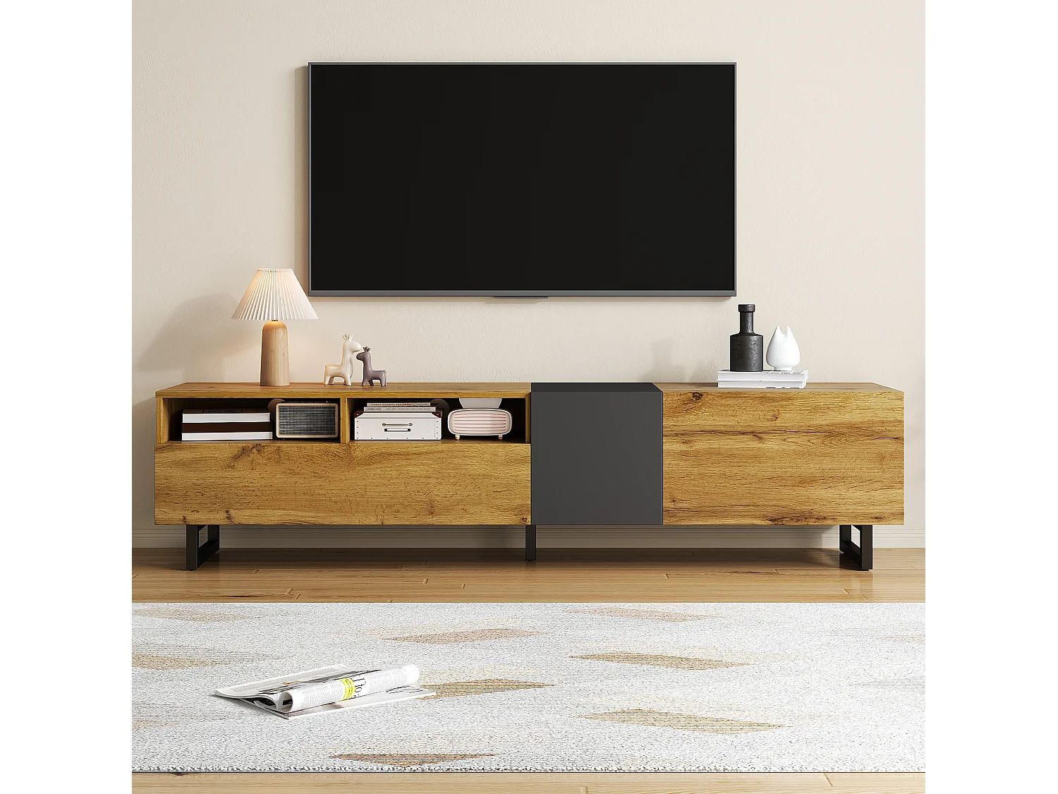 Colorblock TV stand - 170 x 36.5 x 42 cm - with 3 doors + 2 shelves - particleboard - natural