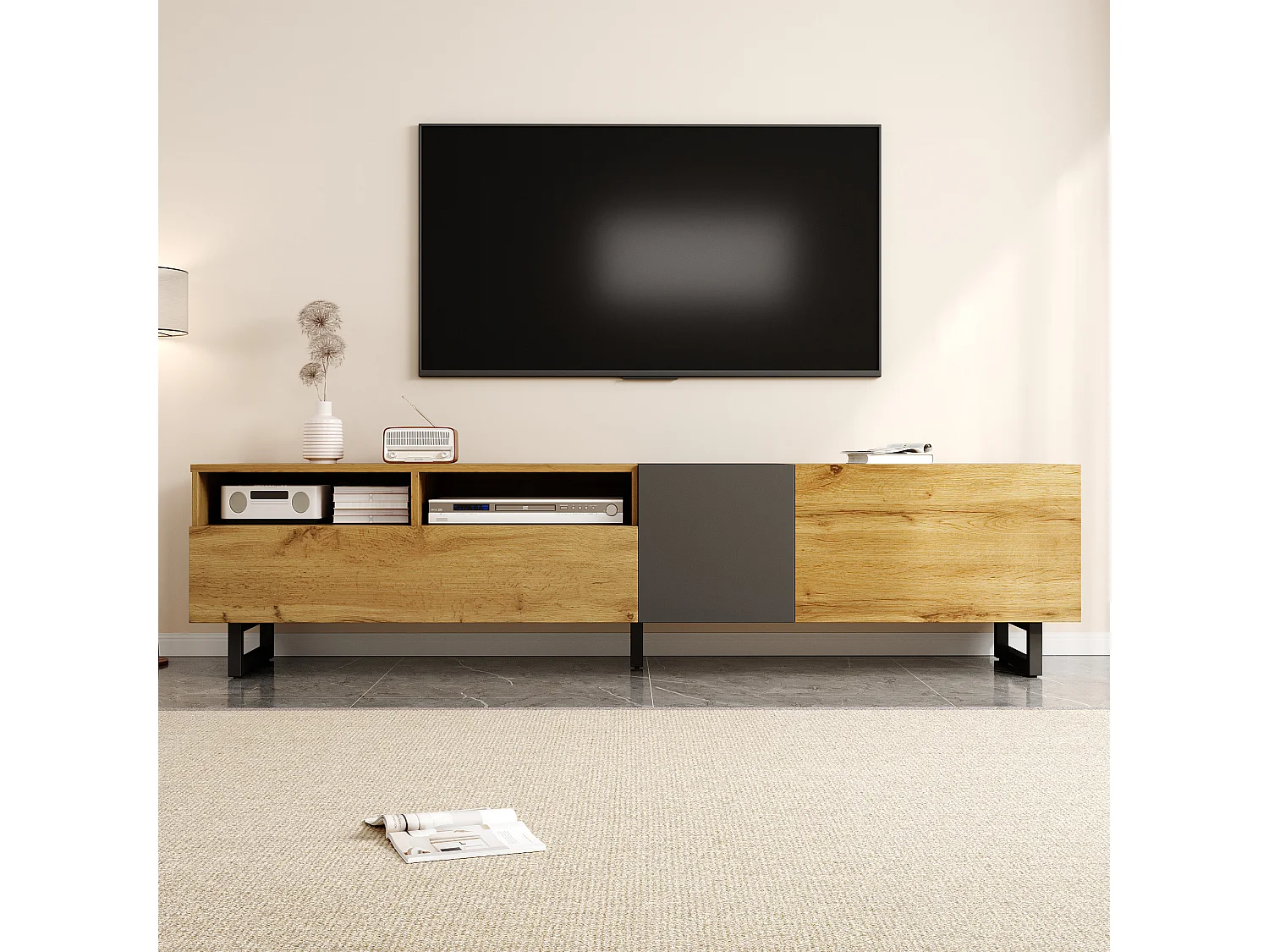 Colorblock TV stand - 170 x 36.5 x 42 cm - with 3 doors + 2 shelves - particleboard - natural