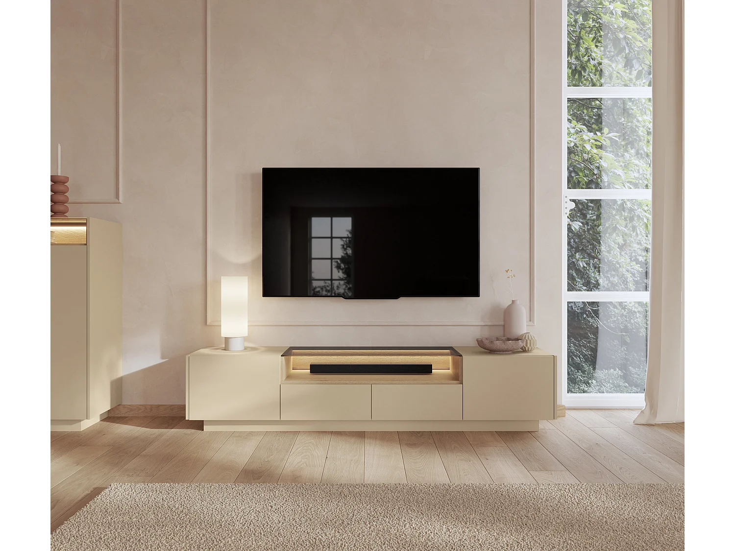 TV-Schrank, Kakao + Cremona-Eiche, 203 x 43,4 x 39,5 cm