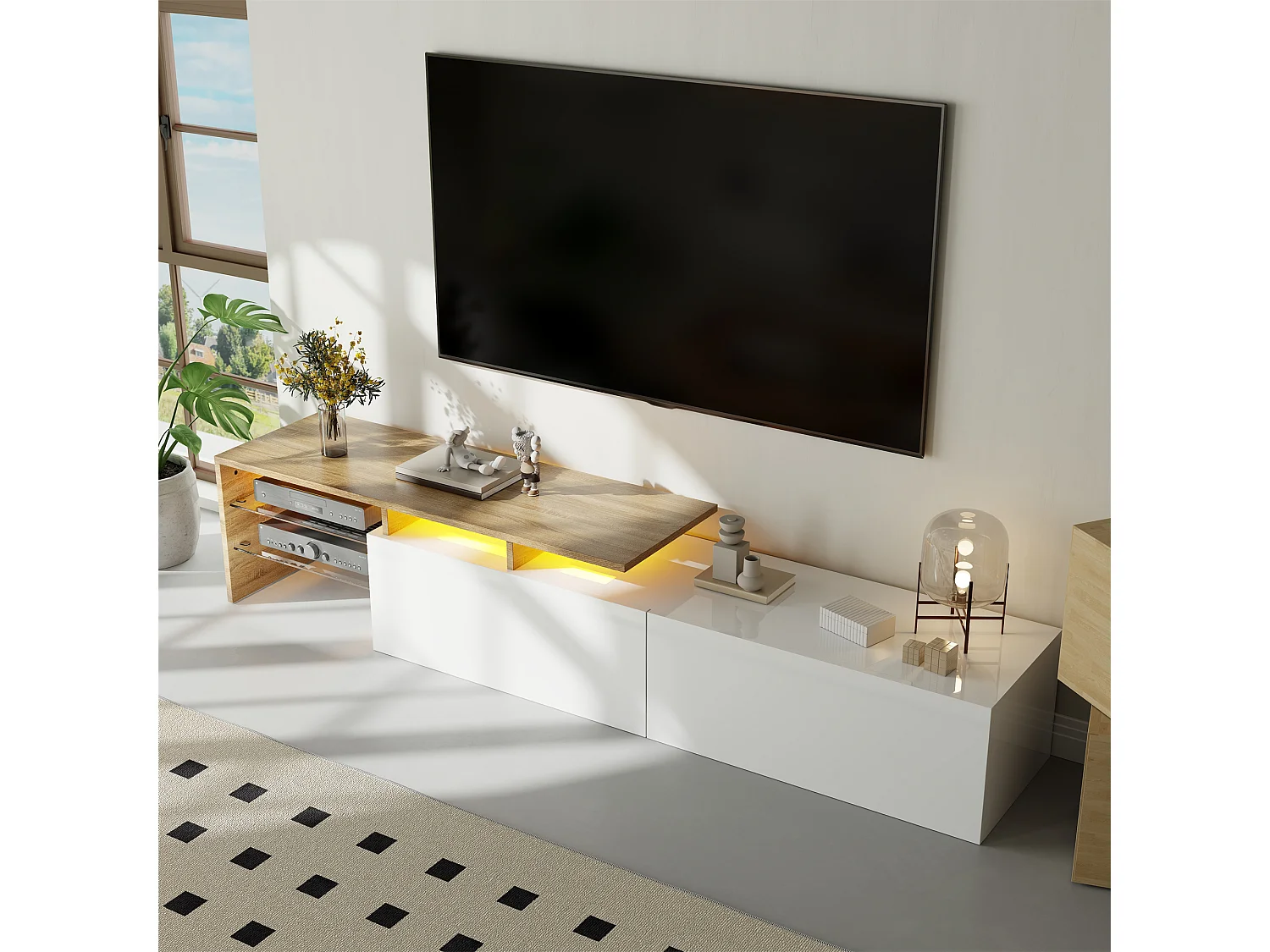 Modern TV stand - 170 x 33 x 33.5 cm - with 2 drawers + glass shelves + LEDs - particleboard - white