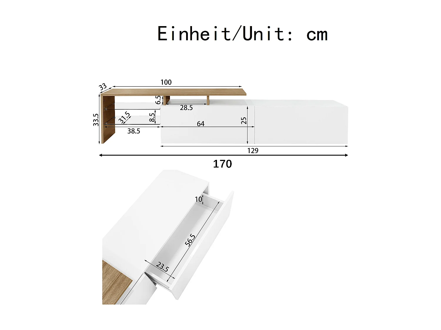 Modern TV stand - 170 x 33 x 33.5 cm - with 2 drawers + glass shelves + LEDs - particleboard - white