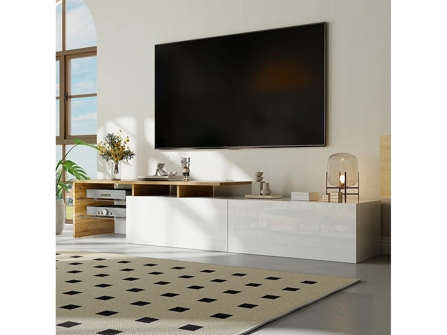 Modern TV stand - 170 x 33 x 33.5 cm - with 2 drawers + glass shelves + LEDs - particleboard - white