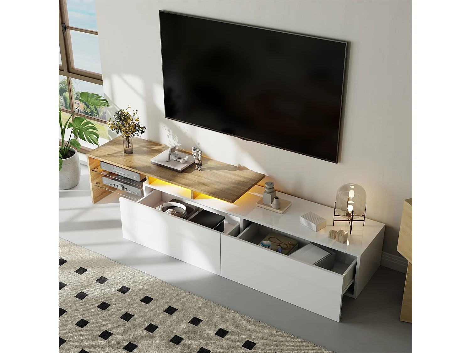Modern TV stand - 170 x 33 x 33.5 cm - with 2 drawers + glass shelves + LEDs - particleboard - white