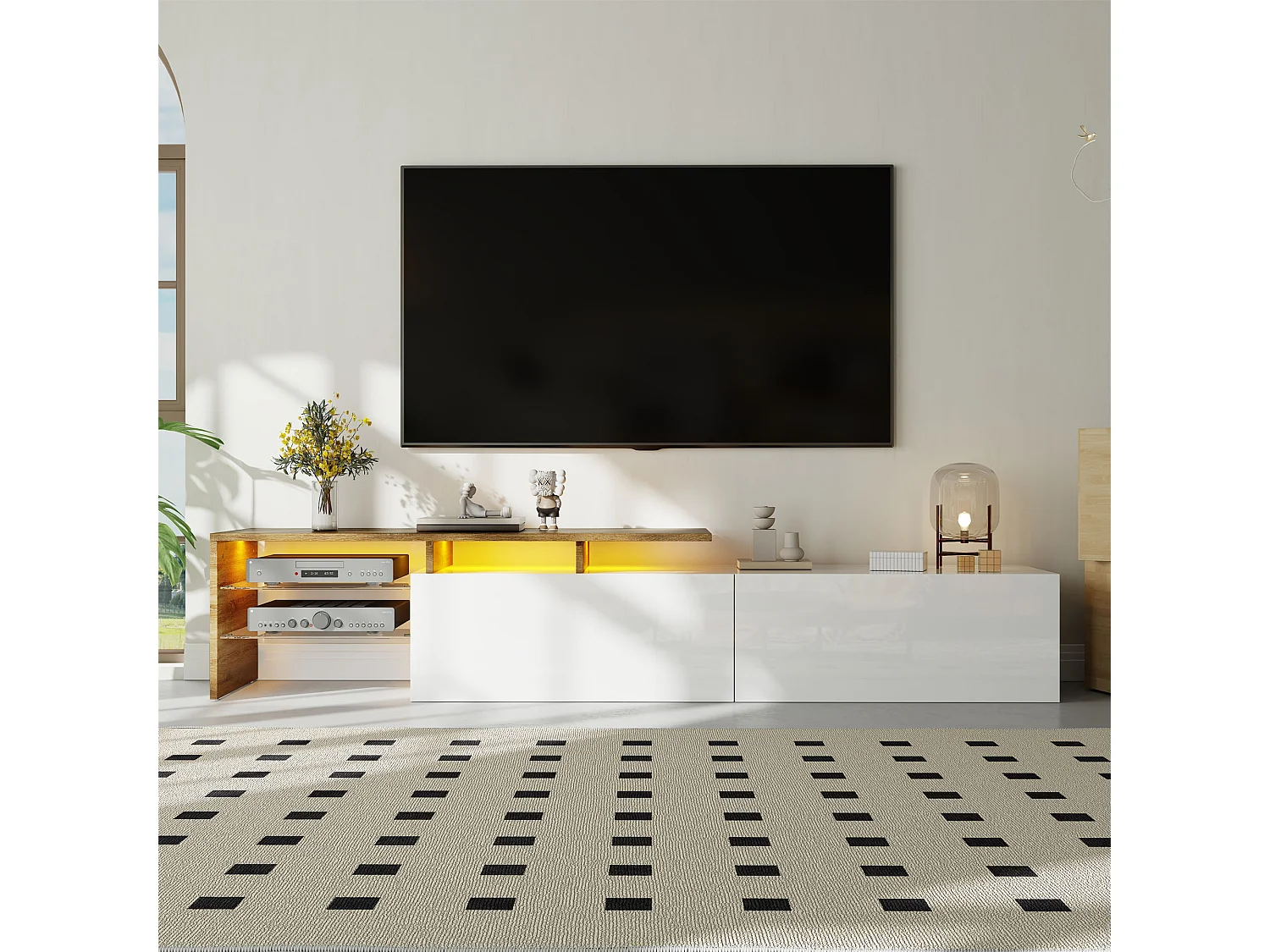 Modern TV stand - 170 x 33 x 33.5 cm - with 2 drawers + glass shelves + LEDs - particleboard - white