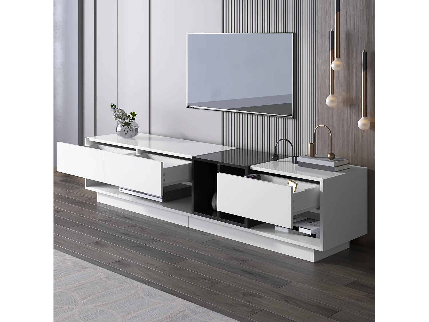 190cm TV unit - 3 drawers and 4 shelves - particleboard - white and black