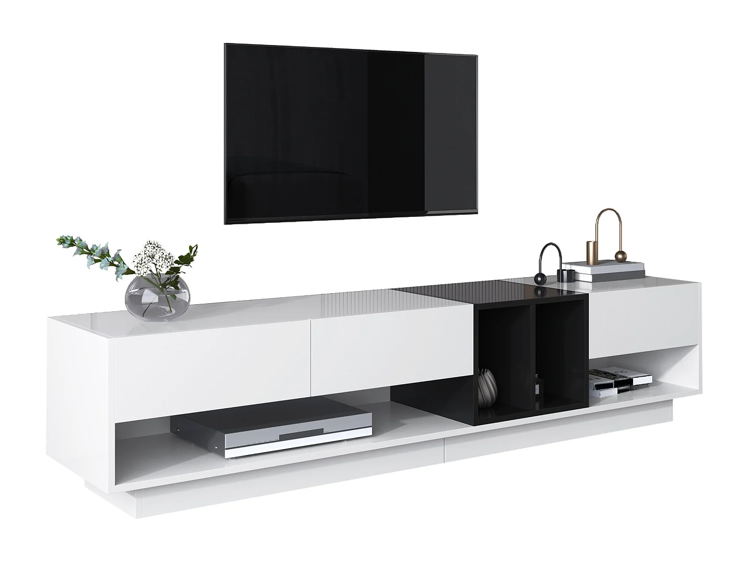 190cm TV unit - 3 drawers and 4 shelves - particleboard - white and black