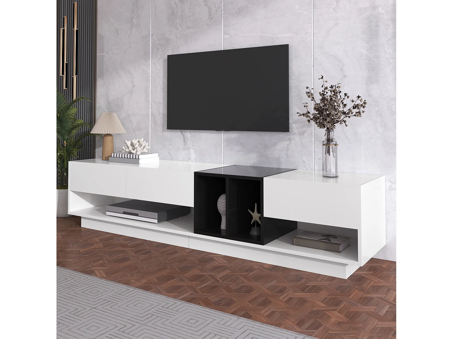 190cm TV unit - 3 drawers and 4 shelves - particleboard - white and black