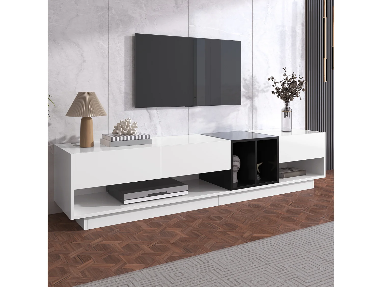 190cm TV unit - 3 drawers and 4 shelves - particleboard - white and black