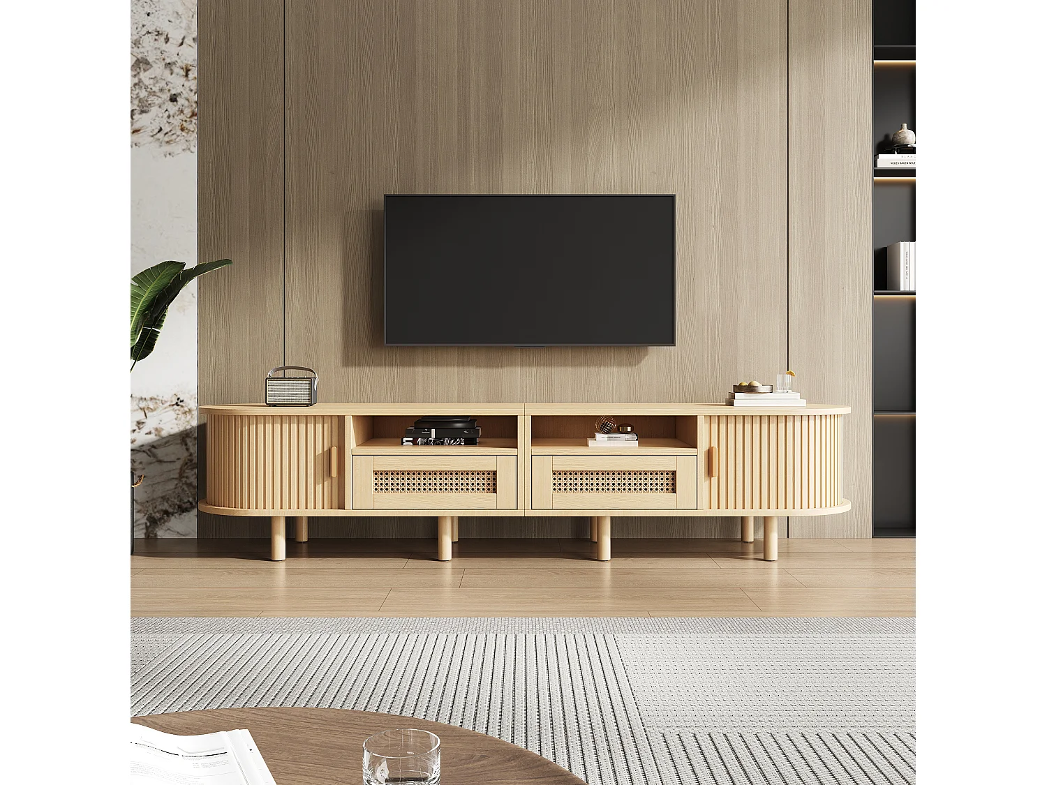 Oval TV stand with 2 rattan drawers + 2 sliding doors - 170 x 40 x 40 cm - MDF + metal - natural