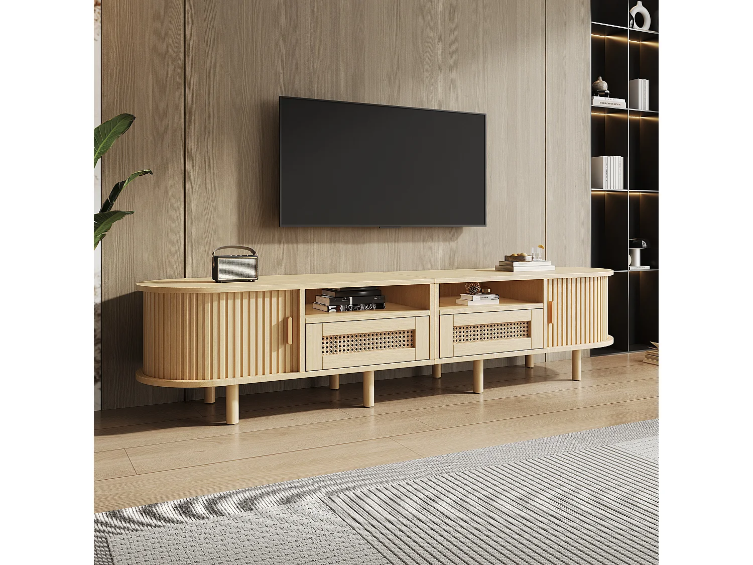 Oval TV stand with 2 rattan drawers + 2 sliding doors - 170 x 40 x 40 cm - MDF + metal - natural