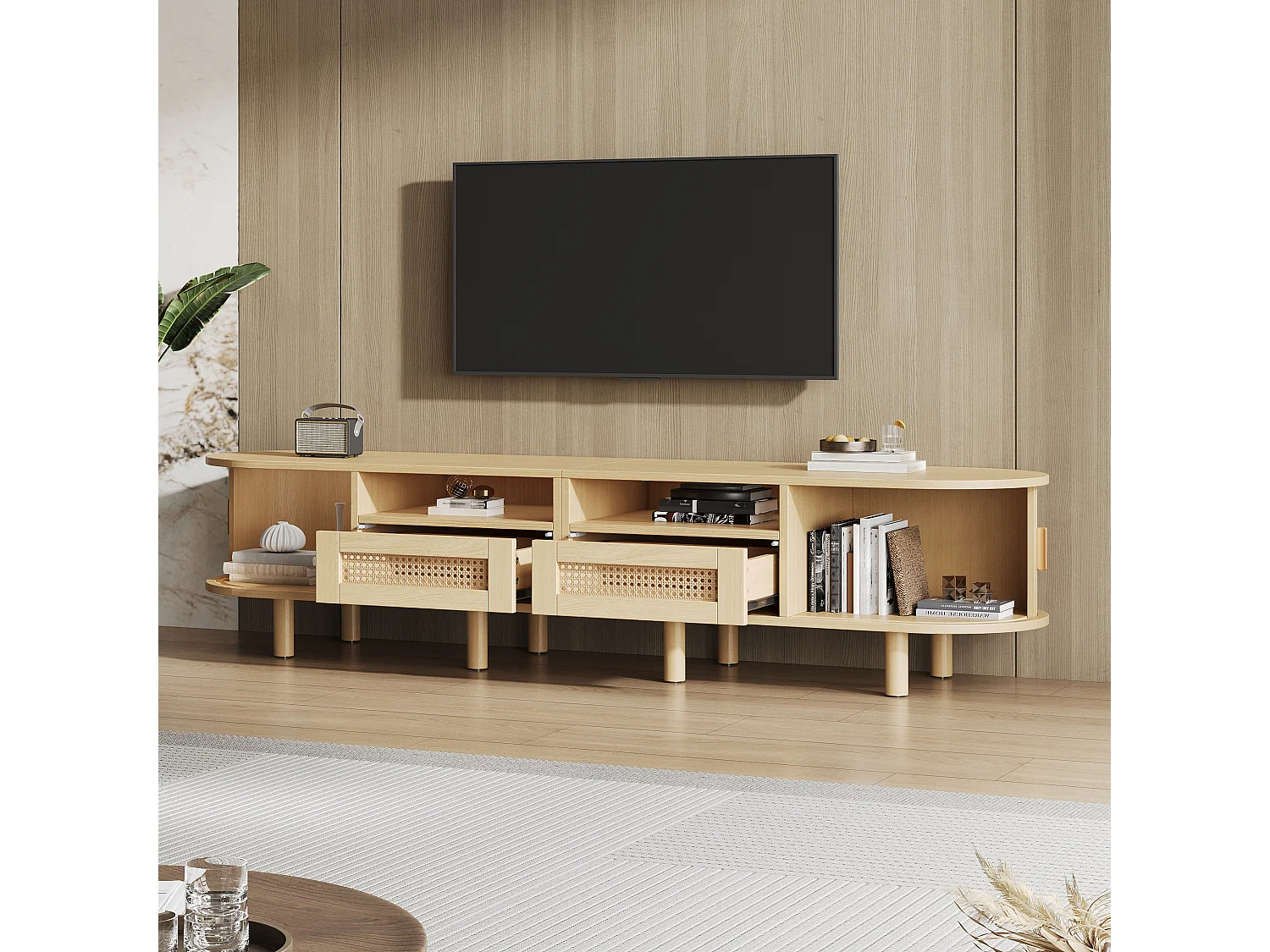 Oval TV stand with 2 rattan drawers + 2 sliding doors - 170 x 40 x 40 cm - MDF + metal - natural