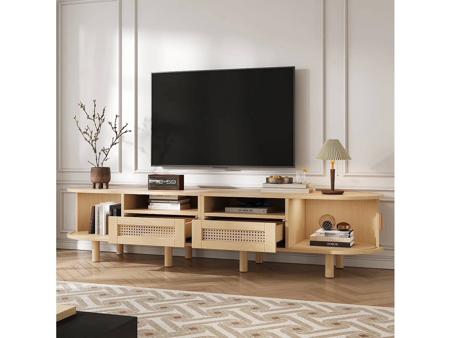 Oval TV stand with 2 rattan drawers + 2 sliding doors - 170 x 40 x 40 cm - MDF + metal - natural