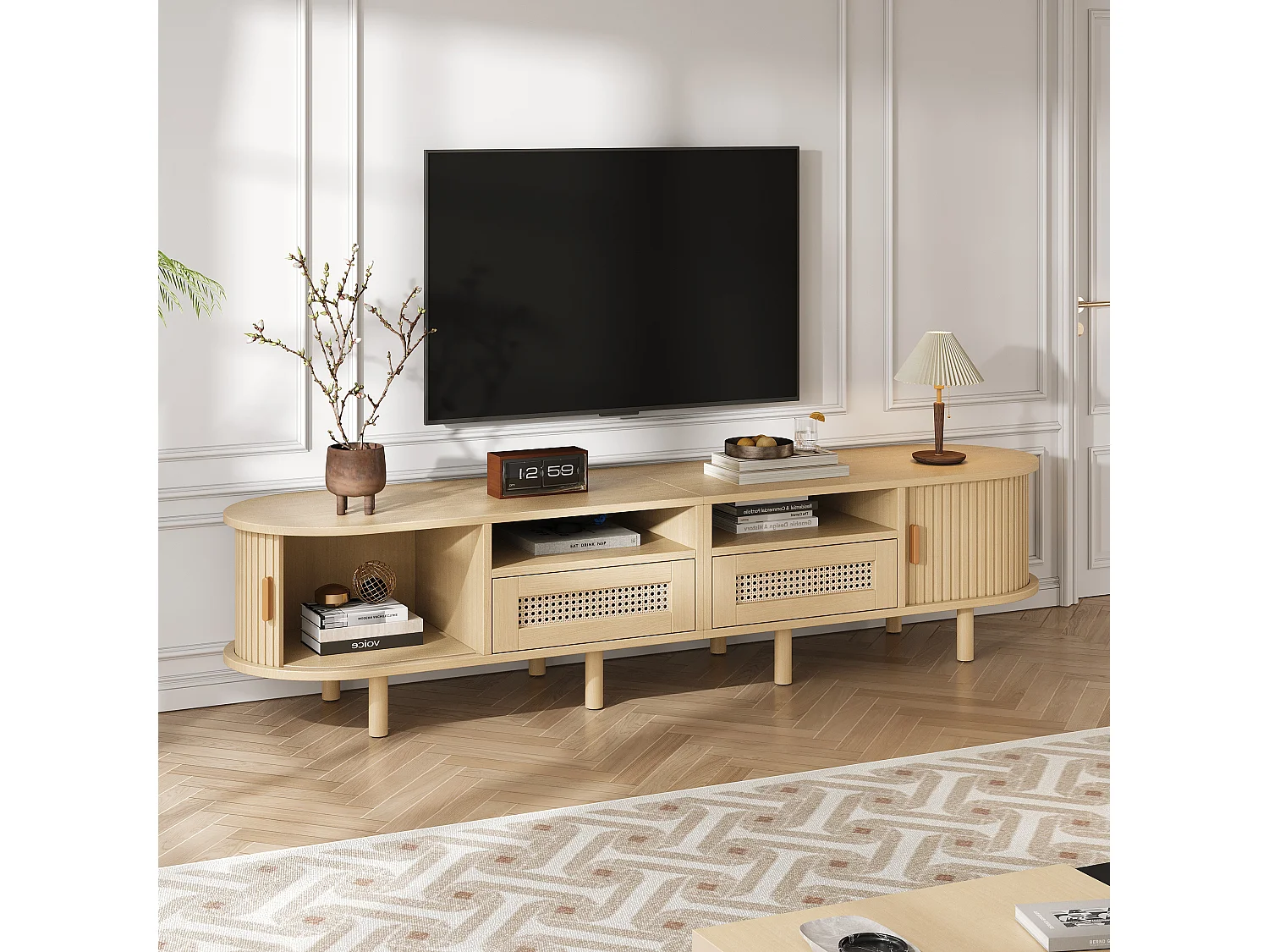 Oval TV stand with 2 rattan drawers + 2 sliding doors - 170 x 40 x 40 cm - MDF + metal - natural