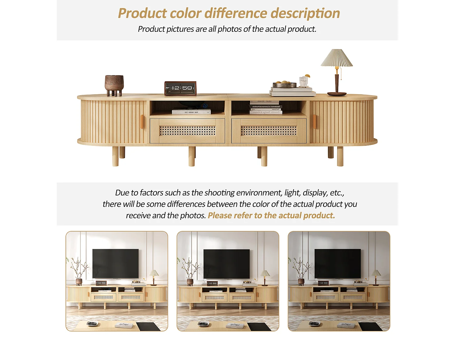 Oval TV stand with 2 rattan drawers + 2 sliding doors - 170 x 40 x 40 cm - MDF + metal - natural