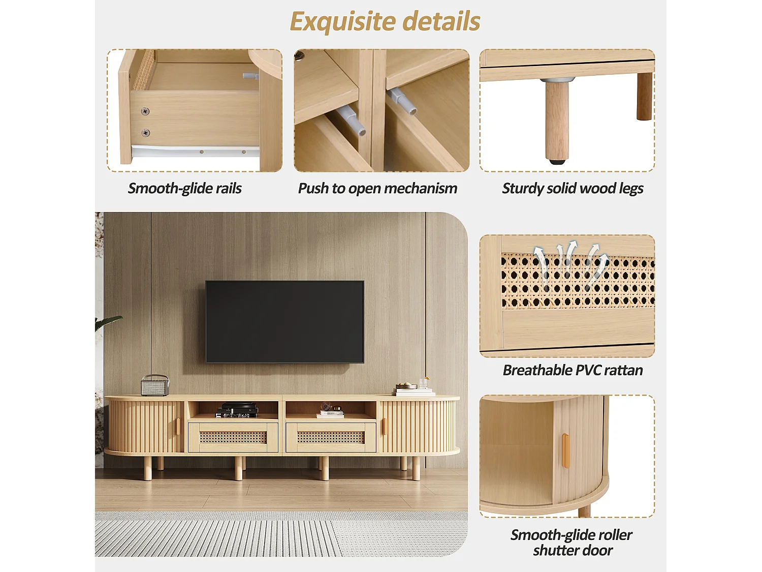 Oval TV stand with 2 rattan drawers + 2 sliding doors - 170 x 40 x 40 cm - MDF + metal - natural