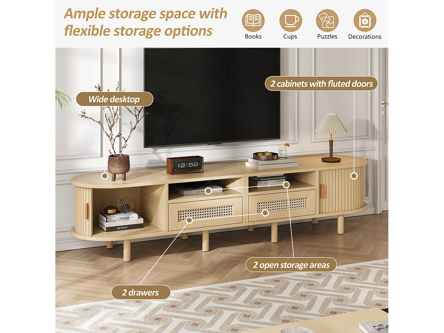 Oval TV stand with 2 rattan drawers + 2 sliding doors - 170 x 40 x 40 cm - MDF + metal - natural