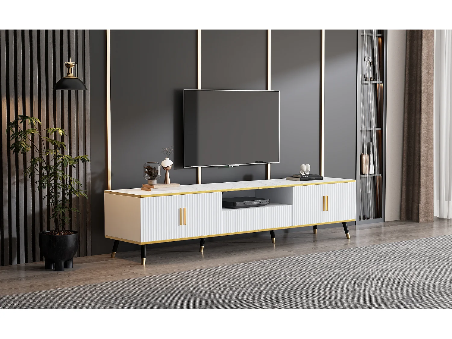 TV stand 200 x 40 x 46 cm with 4 doors and 1 drawer - Marble effect tops - Particleboard - White