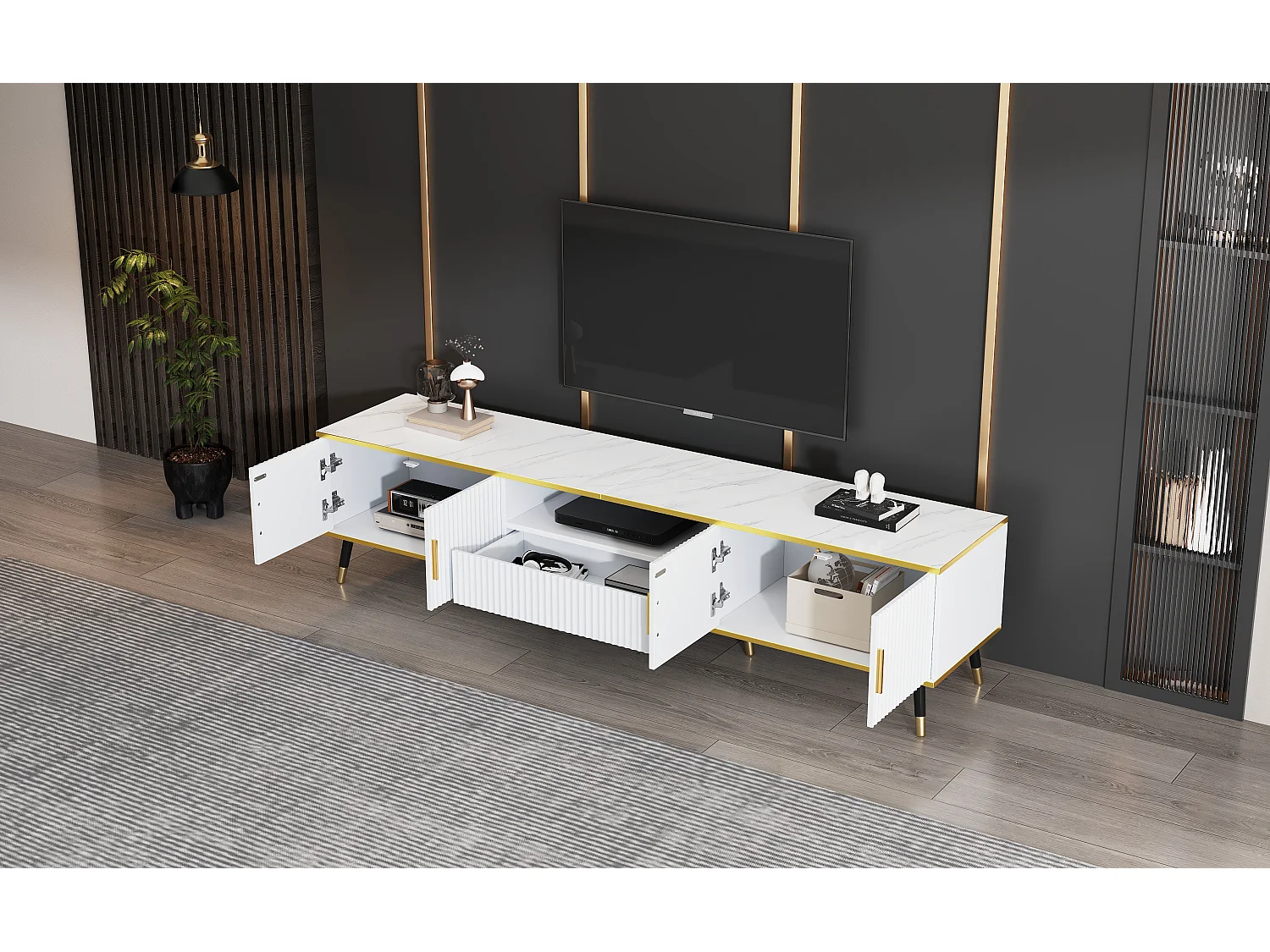 TV stand 200 x 40 x 46 cm with 4 doors and 1 drawer - Marble effect tops - Particleboard - White