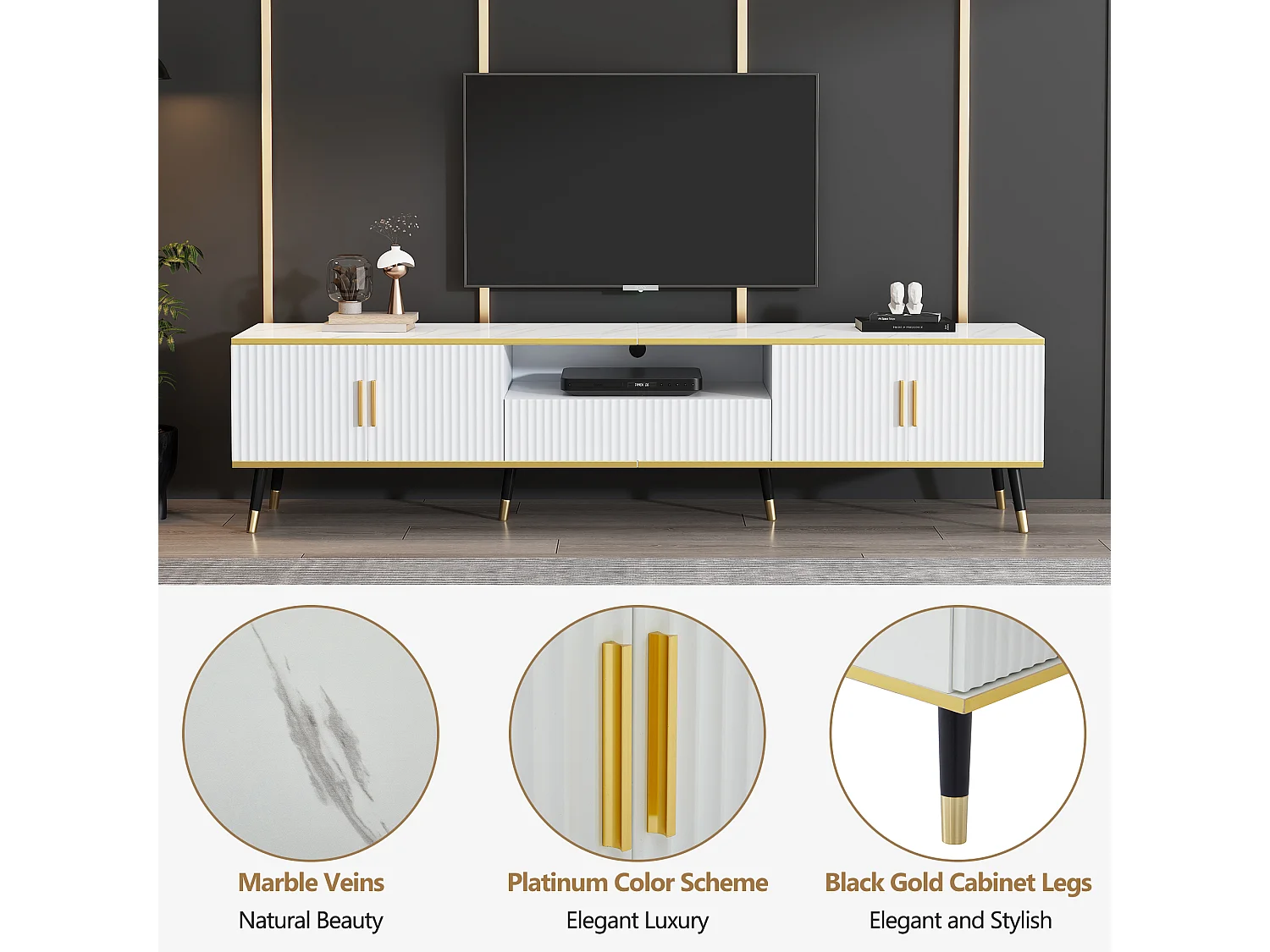 TV stand 200 x 40 x 46 cm with 4 doors and 1 drawer - Marble effect tops - Particleboard - White