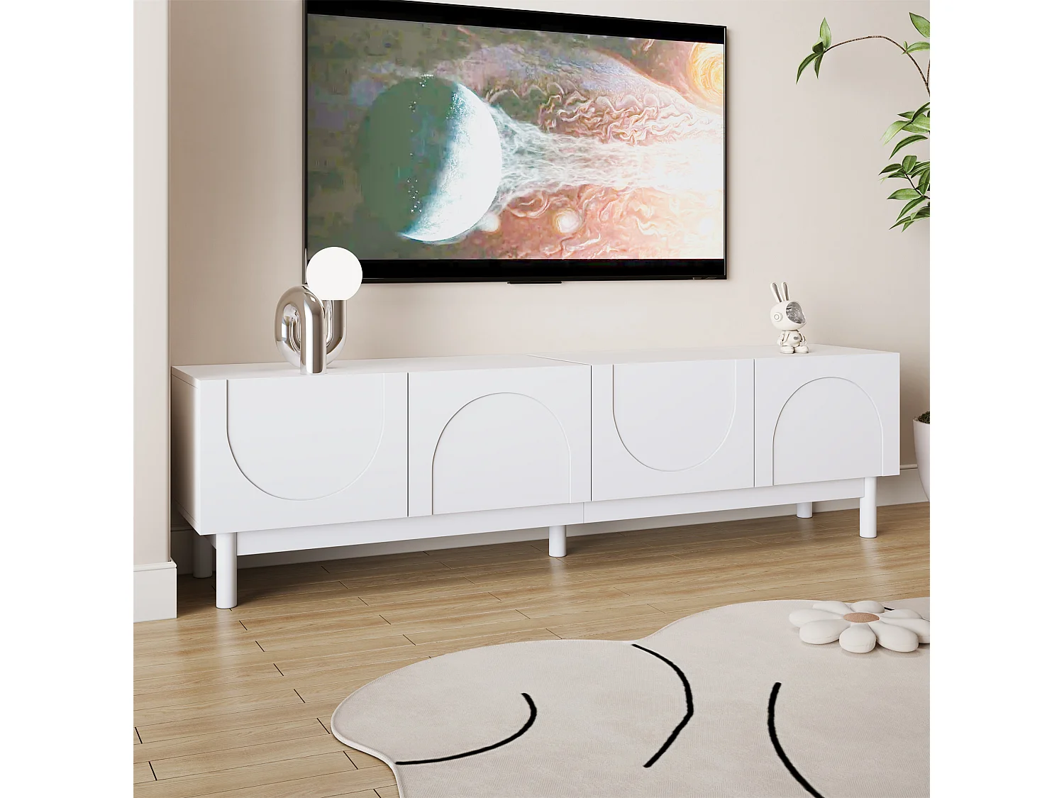 Low TV stand with 4 curved, wave-shaped doors - 169 x 34 x 45 cm - MDF + particleboard - white